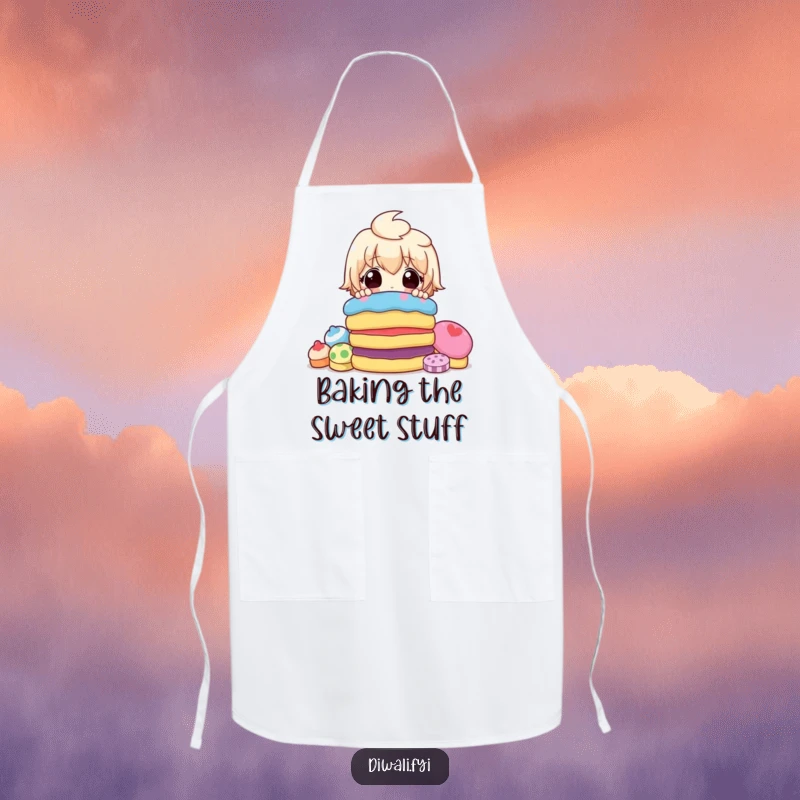 Funny apron showing a character peeking with surprise from behind a colorful pile of various sweets, ideal for kitchen fun.
