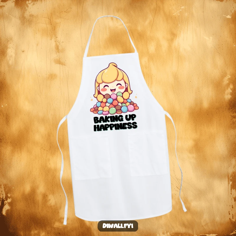 Funny apron with a happy character, generous grin, offering a mound of tempting sweets.