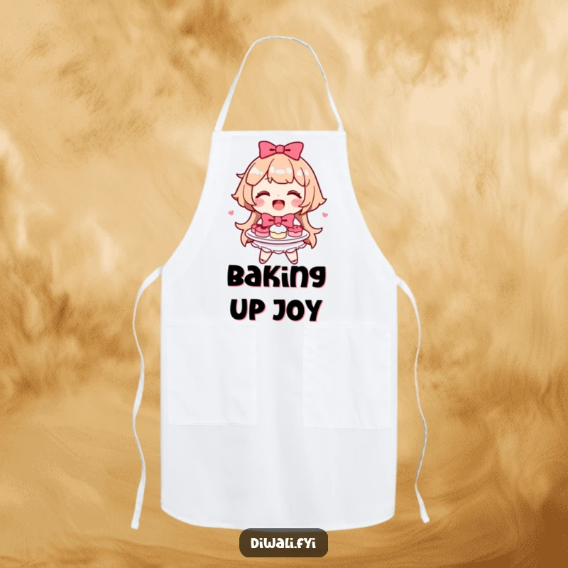 Funny happy character in an apron, smiling and offering a plate of sweets with a bow.