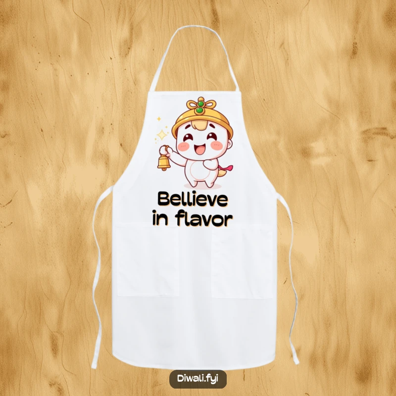 Funny apron with a character joyfully ringing a bell, sparks flying, ready for a fun cooking or baking adventure.