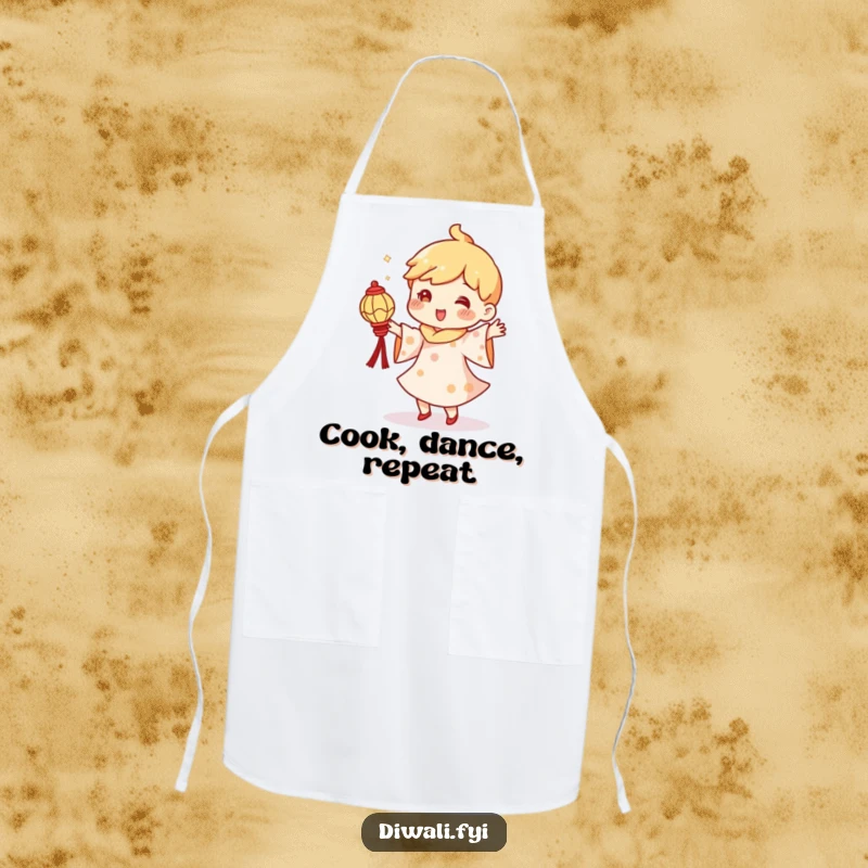 Funny apron showing a character in a silly dance pose, holding a tiny diya lantern, perfect for a joyful cooking experience.
