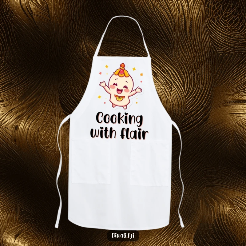 Funny, happy diya character energetically spinning, featured on an apron to protect clothes while cooking with festive humor.