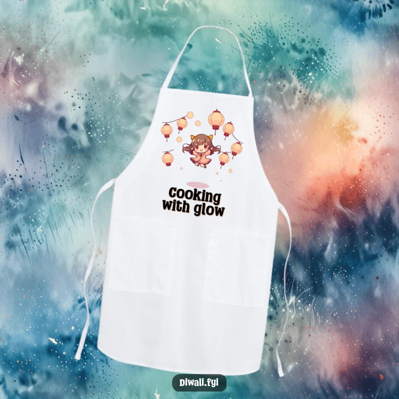 Funny apron, character playfully jumping and twirling, amidst floating lanterns, a humorous and practical kitchen accessory.