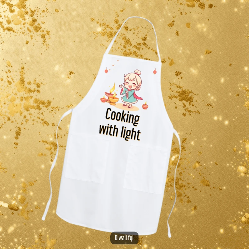 Funny character giggling while dancing near a beautifully lit diya, wearing a festive apron.