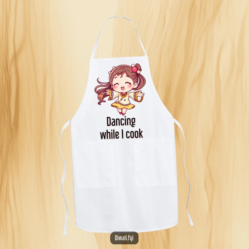 Funny apron featuring a character twirling with festive bangles, adding a joyful and celebratory touch to the kitchen.