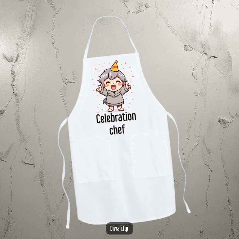 Funny Celebration Apron: A cheerful character strikes a festive pose with confetti, ready to add fun to any task.