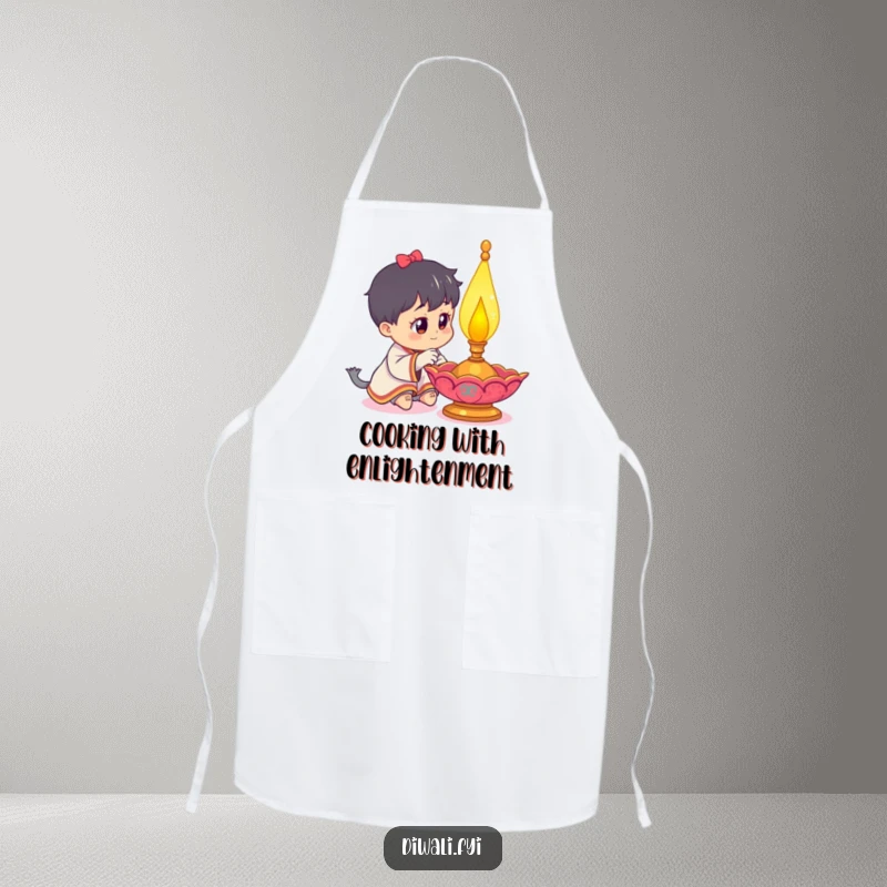 Funny apron showing a curious character with a magnifying glass looking at a detailed diya lamp, ready for kitchen duties.