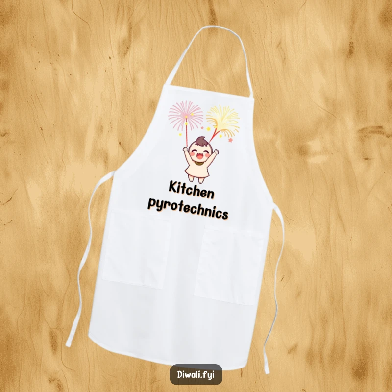 Funny apron with a delighted character launching small, colorful fireworks, perfect for festive culinary adventures.