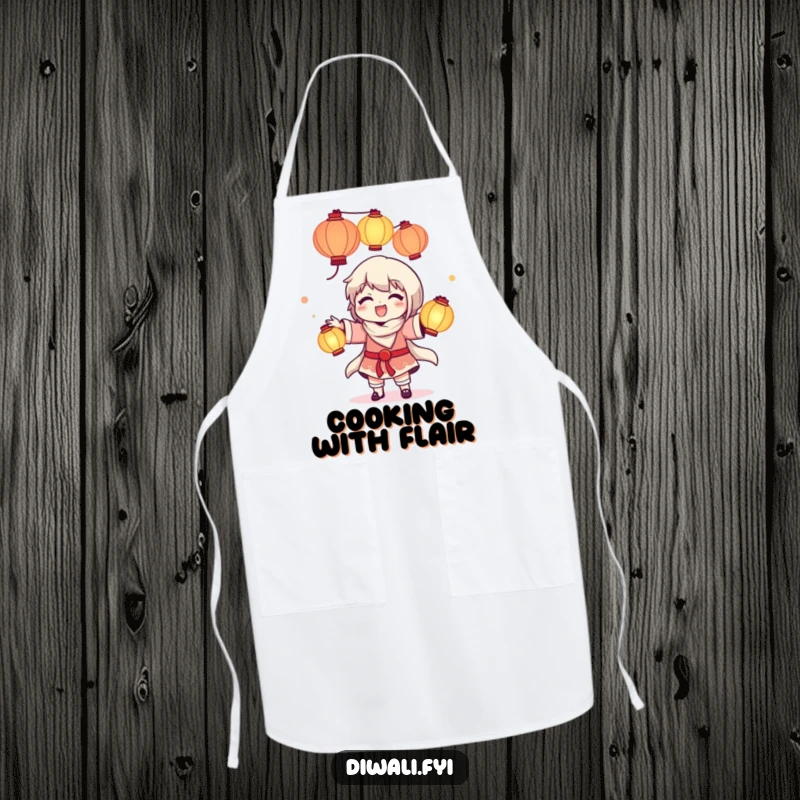 Funny apron showing a delighted character juggling glowing lanterns, perfect for adding a touch of magic to cooking tasks.