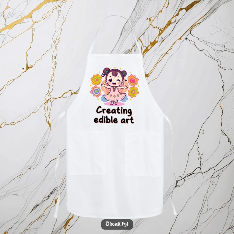 Funny apron showcasing a delighted character dancing with colorful rangoli patterns, perfect for joyful kitchen activities.