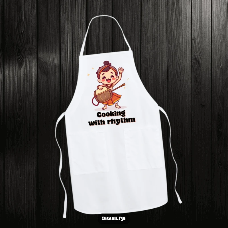 Funny apron with a jubilant character energetically playing a dhol drum, ready for kitchen beats.