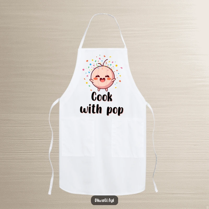 Funny apron featuring a joyful firecracker character exploding with colorful confetti, ideal for festive cooking and baking.