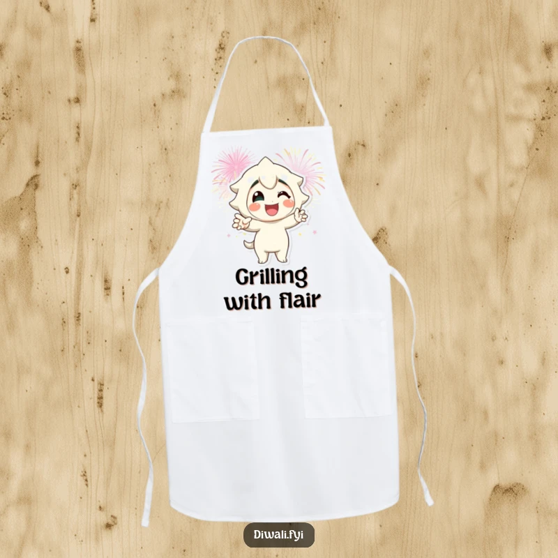 Funny fireworks pose apron with a smiling character striking a pose against fireworks, a stylish and amusing kitchen accessory.