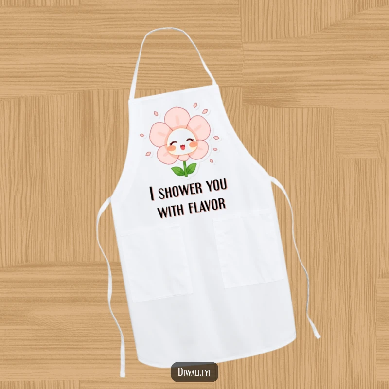 Funny apron featuring a blushing flower character joyfully showering petals, perfect for adding a cheerful floral touch to cooking.
