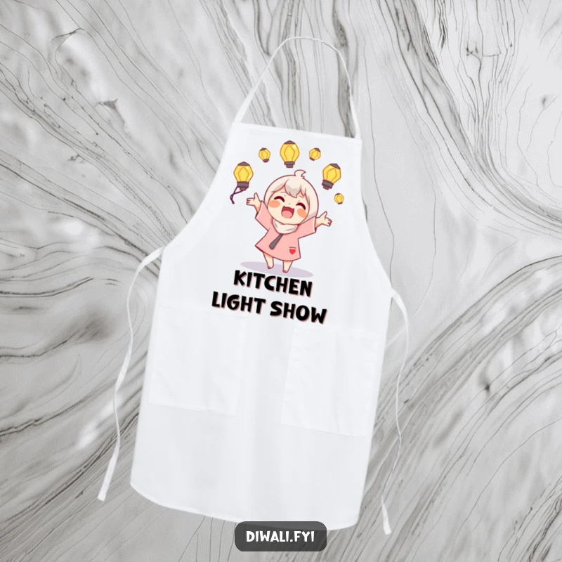 Funny Juggling Lamps Apron: A joyous character juggles glowing lamps, ideal for a humorous and dazzling cooking experience.