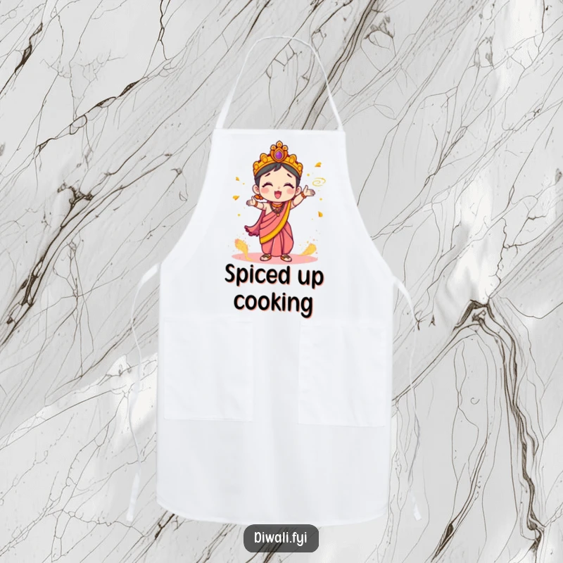 Funny Apron: Cute character in a festive sari enthusiastically tossing colorful Holi powder, ready for kitchen fun.