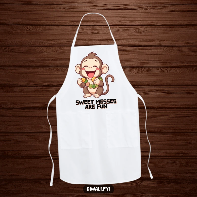 Funny apron showcasing a laughing monkey wearing a garland, playfully attempting to eat a tiny sweet, making kitchen duties a joyous experience.