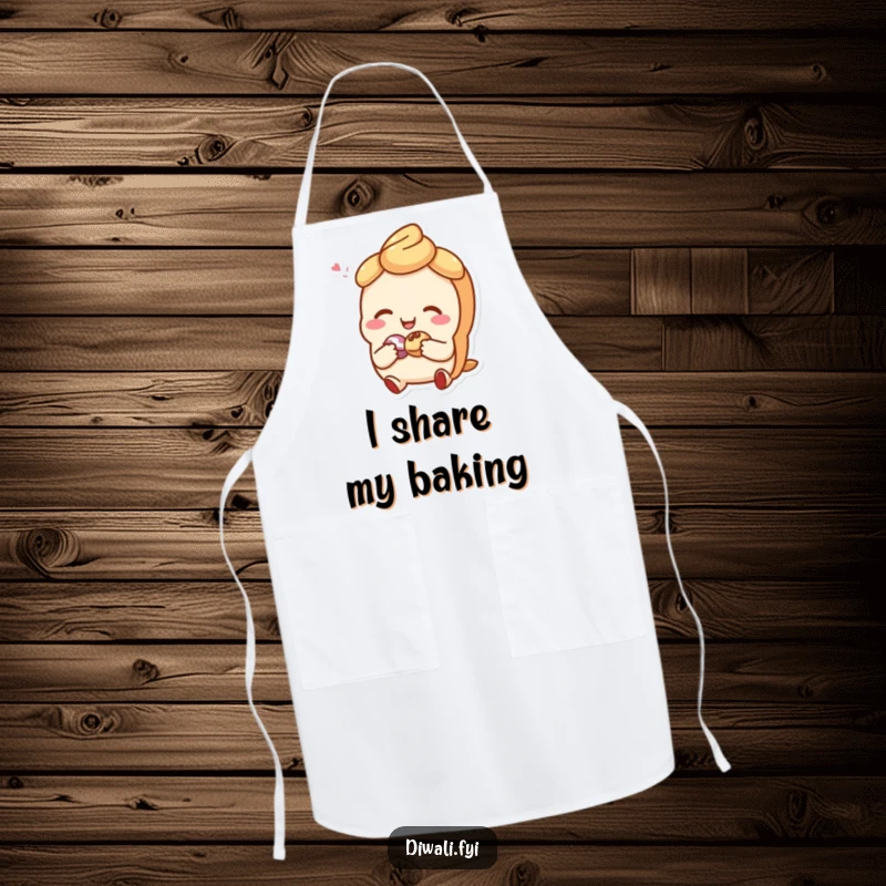 Funny apron featuring a giggling sweet pastry character sharing a small treat, perfect for adding cheer to kitchen activities.