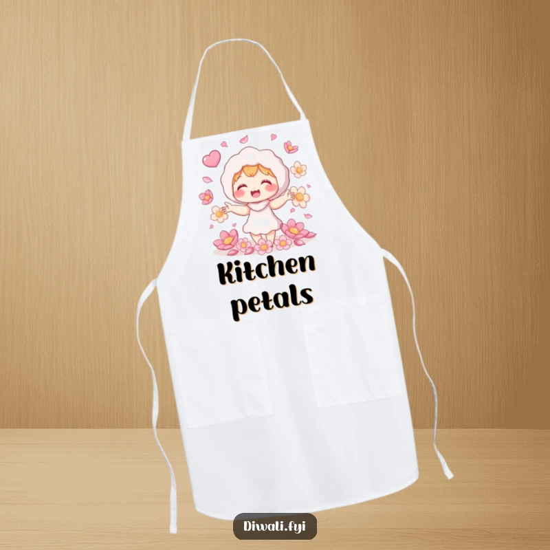 Funny petal juggling apron, giggling character juggling shimmering flower petals, cheerful kitchen accessory, garden lover's gift.