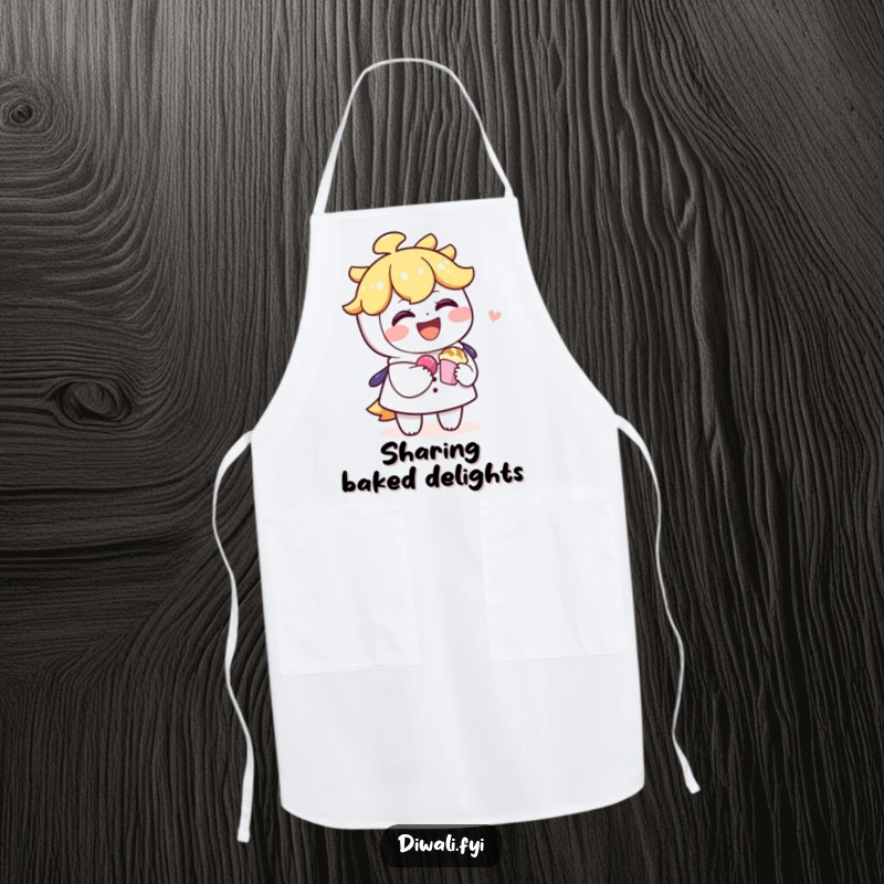 Funny apron showing a laughing character offering a sweet treat to another, celebrating hospitality and shared moments.
