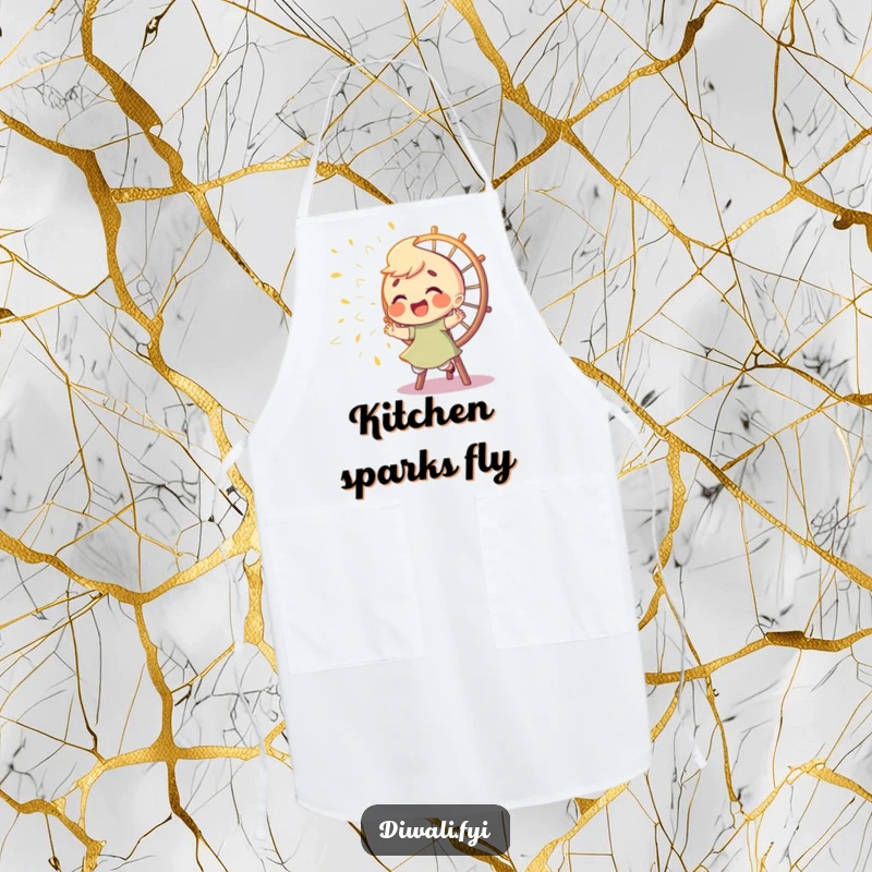 Funny apron showing a giggling character playfully chasing sparks from a Catherine wheel, ideal for cooks who enjoy adding humor and excitement to their tasks.