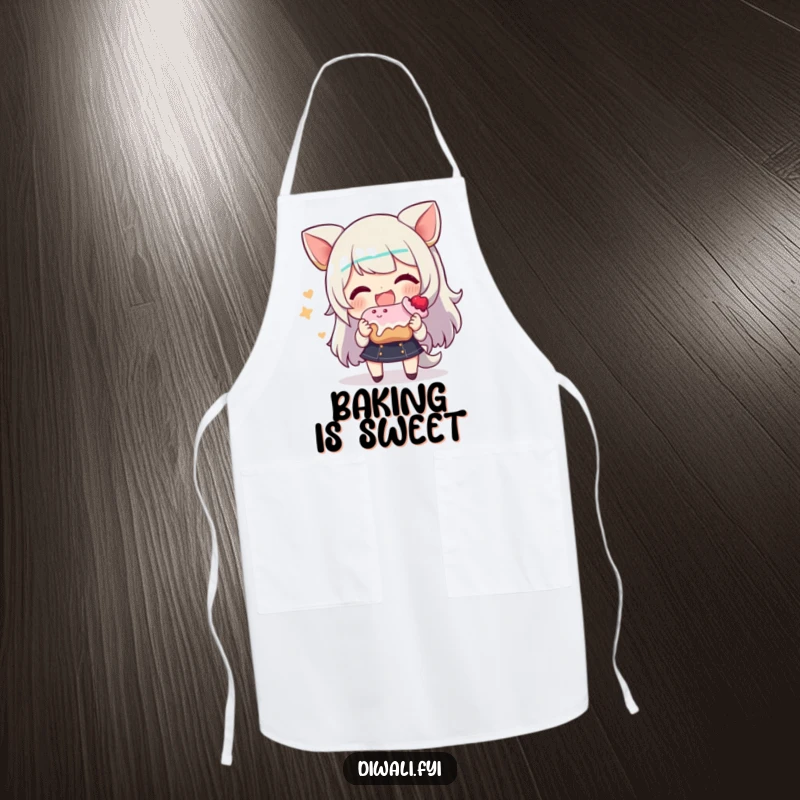 Funny apron showing a character with a big smile, holding out a tempting sweet treat, encouraging sharing while cooking.