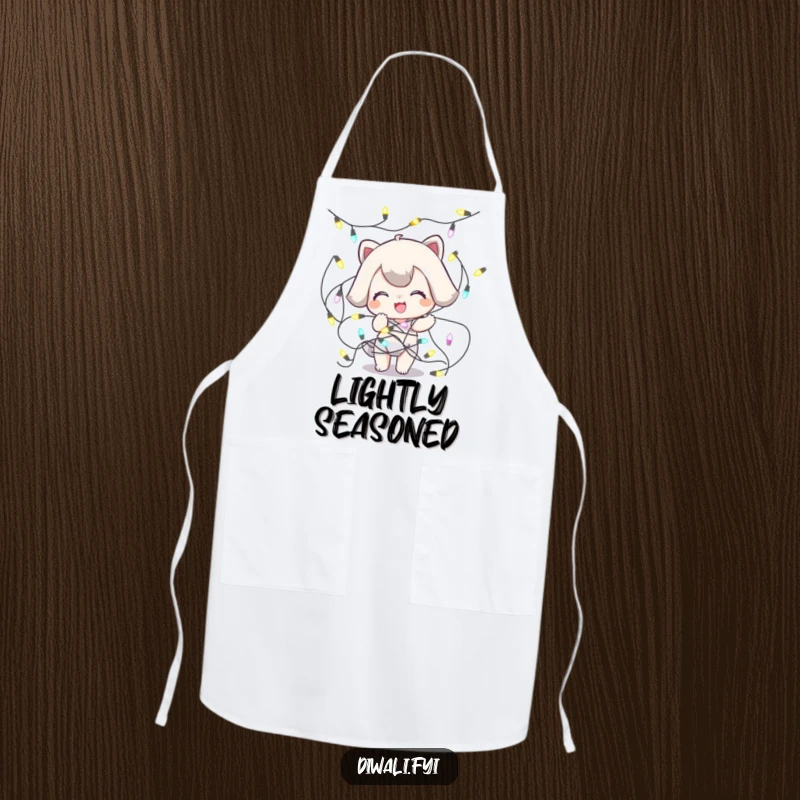 Funny Tangled Lights Apron: A playful character is comically tangled in decorative lights, ready for some kitchen chaos.