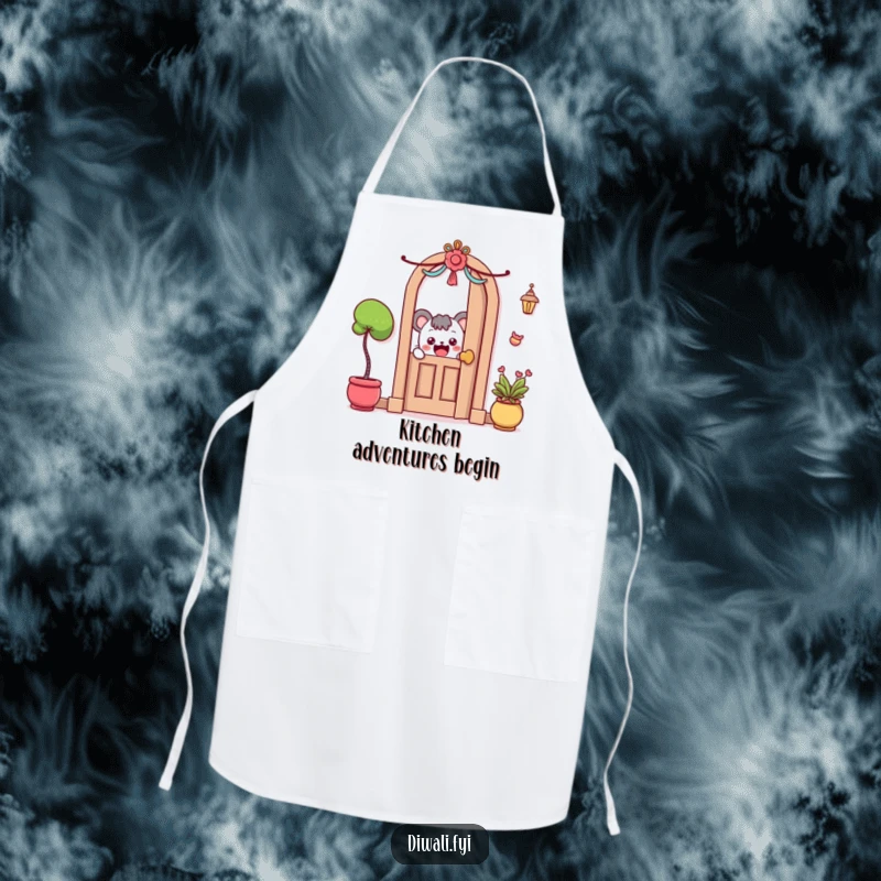 Funny Apron: A curious character peeks excitedly around a decorated door, bringing humor to the kitchen.