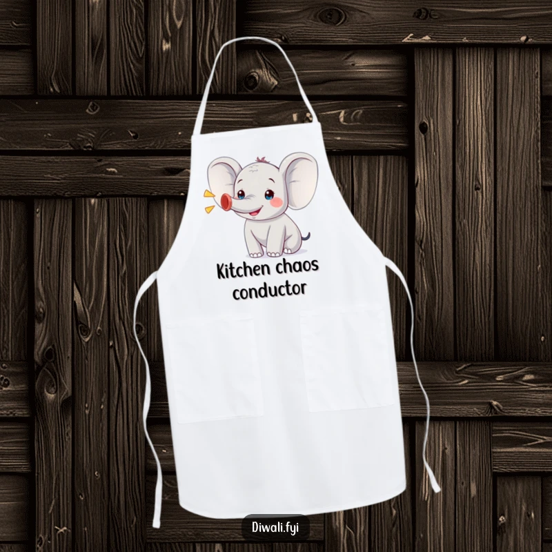 Funny apron with a jubilant elephant character gleefully trumpeting, ideal for chefs who enjoy adding humor to their culinary creations.