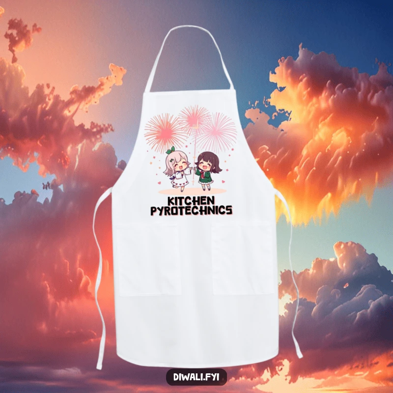 Funny apron with a cheerful character and friend watching fireworks, ideal for keeping clean while enjoying a celebratory meal with a humorous touch.