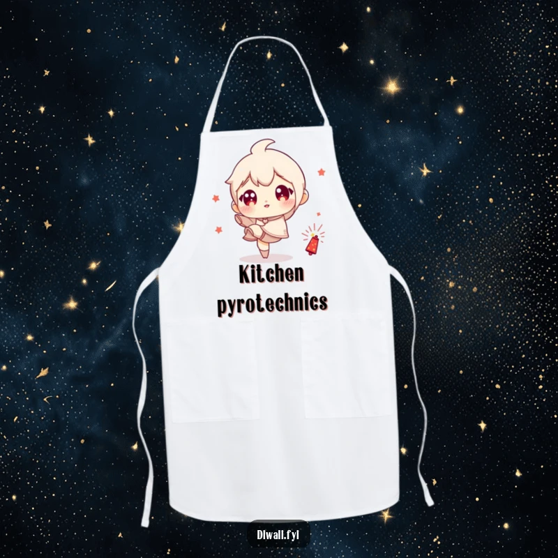Funny apron with a character sporting wide eyes, playfully kicking a small firecracker, perfect for a fun cooking session.