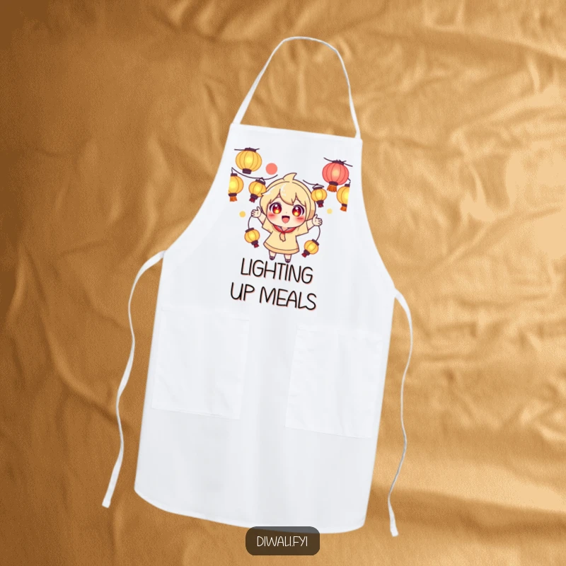 Funny apron with a playful character, excited eyes, juggling glowing lanterns, ready for kitchen magic.