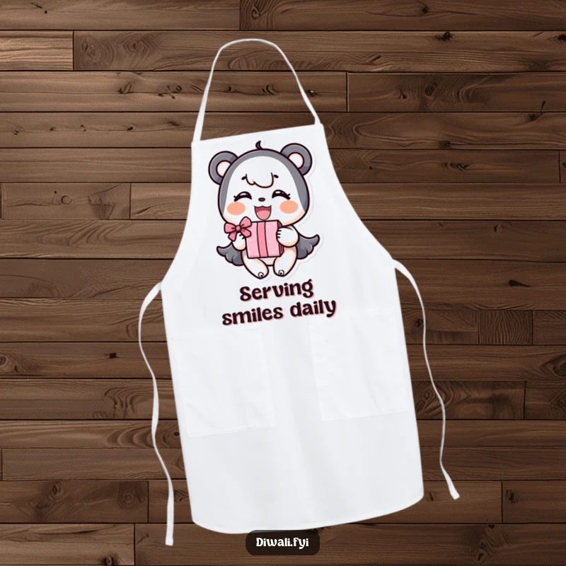 Funny Apron: A happy character joyfully offers a gift, perfect for adding humor to cooking.