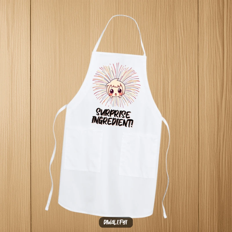 Funny character peeking with surprise from behind a vibrant fireworks burst while wearing a kitchen apron.