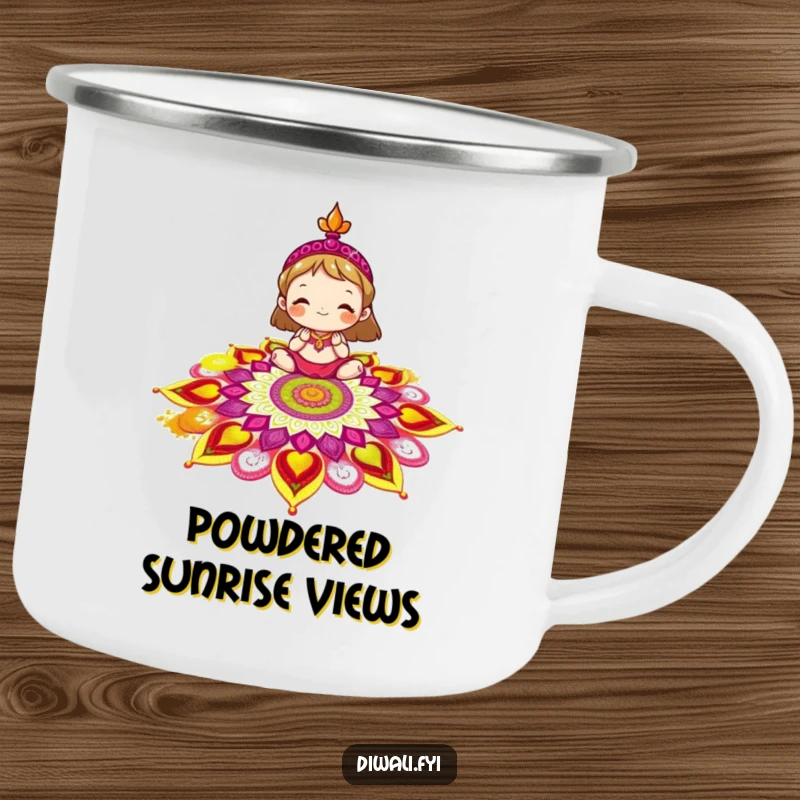 Funny rangoli camping mug showing a delighted character decorating a colorful rangoli pattern, perfect for artistic outdoor moments.