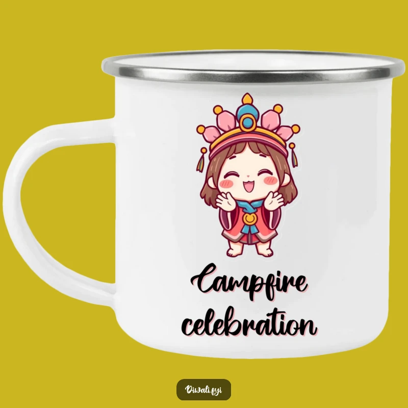 Funny Celebration Character Camping Mug: Enamel mug with a happy character festive headdress clapping, a festive funny gift.