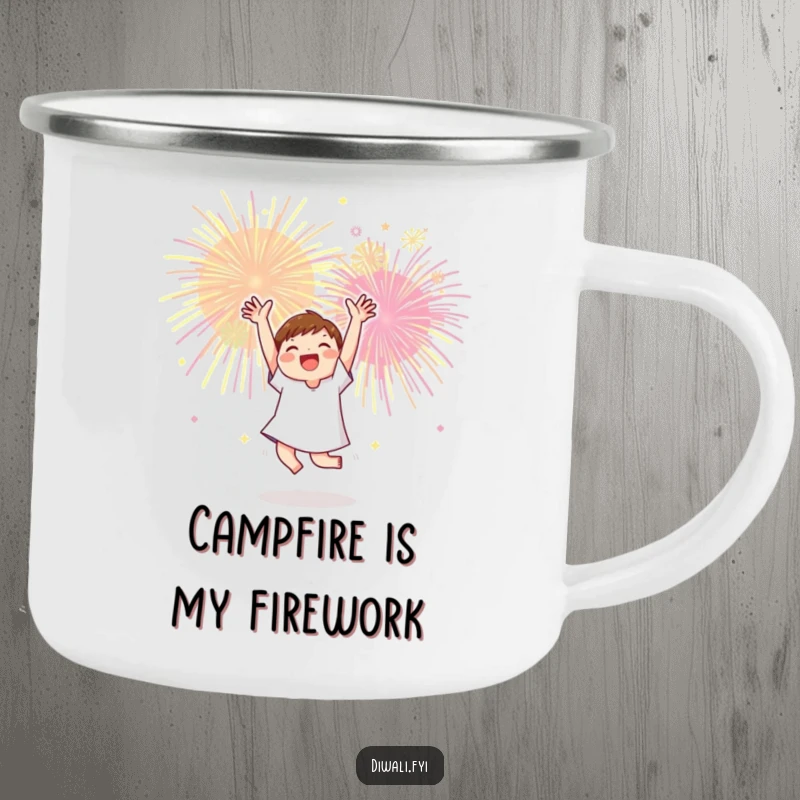 Funny camping mug with a character joyfully dancing beneath a burst of colorful fireworks, perfect for outdoor celebrations.