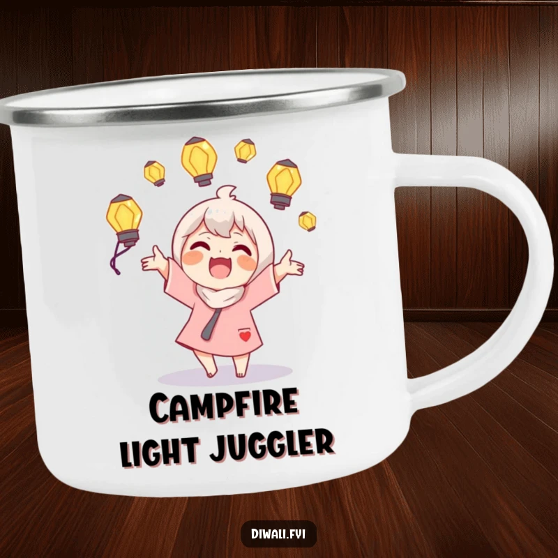 Funny Juggling Lamps Camping Mug: A joyous character juggles glowing lamps, ready for outdoor adventures and bright moments.