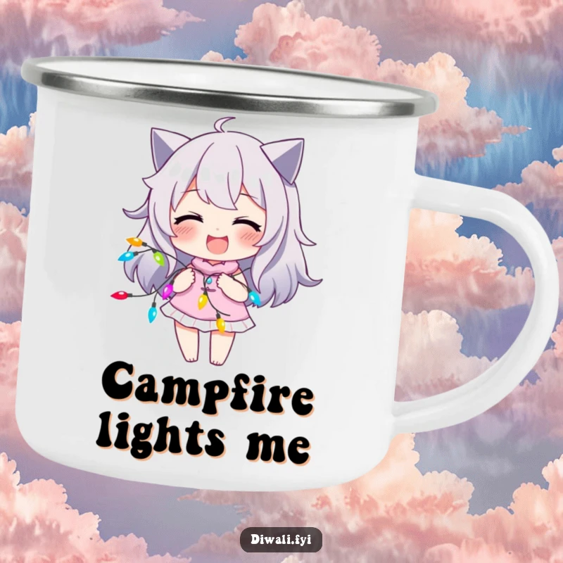 Funny camping mug with a character sporting a joyful smirk, playfully tangled with a string of colorful lights.