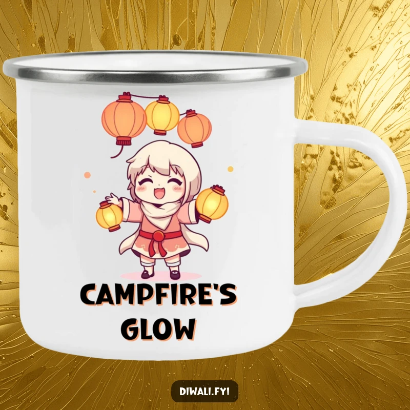 Funny camping mug with a delighted character juggling glowing lanterns, designed to bring a touch of magic to outdoor experiences.