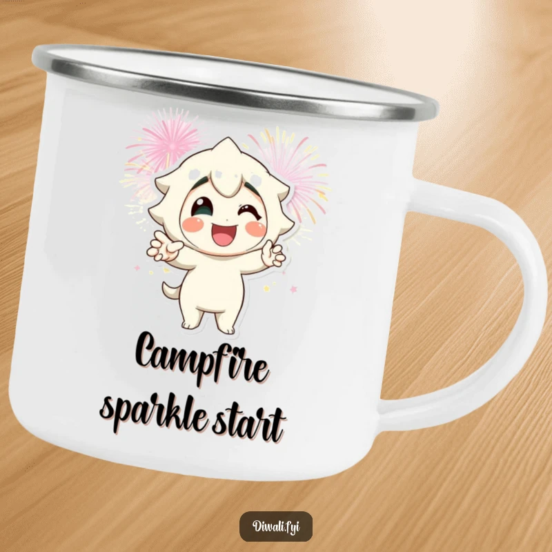 Funny fireworks pose camping mug featuring a smiling character striking a pose with fireworks, perfect for rustic celebration.