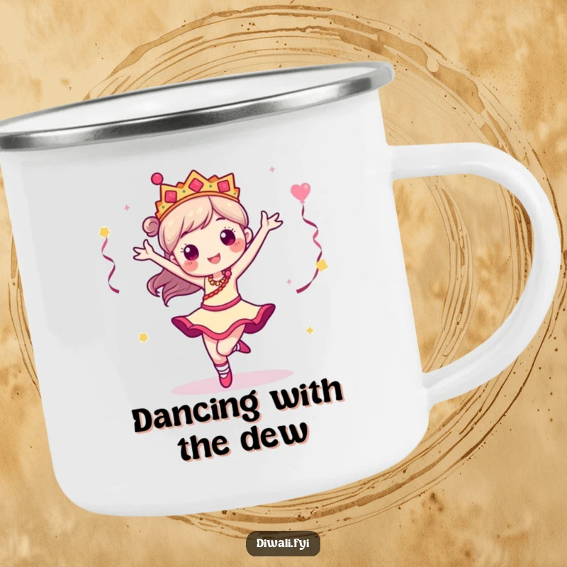 Funny camping mug featuring a dancer character in a pirouette, perfect for enjoying drinks outdoors with a touch of playful elegance.