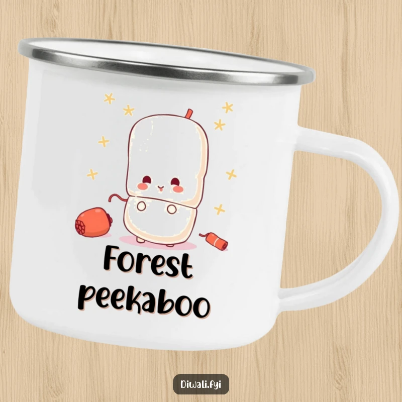 Funny camping mug with a curious firecracker character peeking from behind a larger one, perfect for outdoor moments.