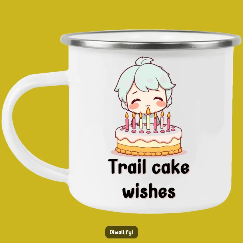 Funny Birthday Cake Camping Mug - Smiling Character's Festive Outdoor Treat Gift