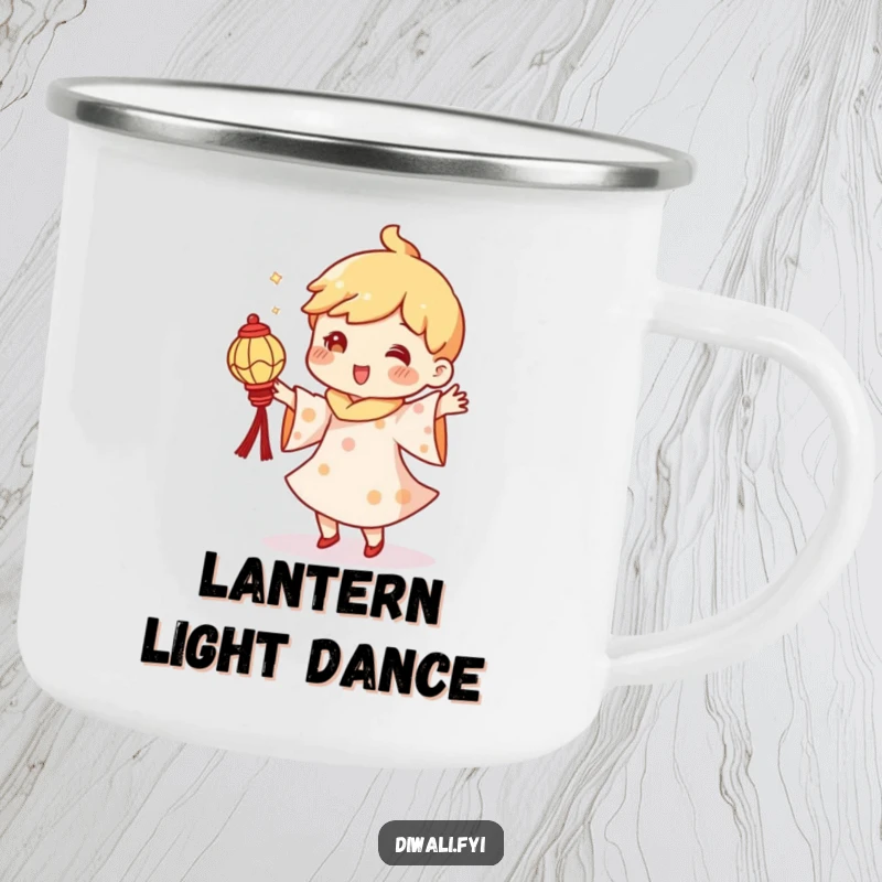 Funny camping mug with a character doing a silly dance, holding a small diya lantern, perfect for cozy outdoor moments.