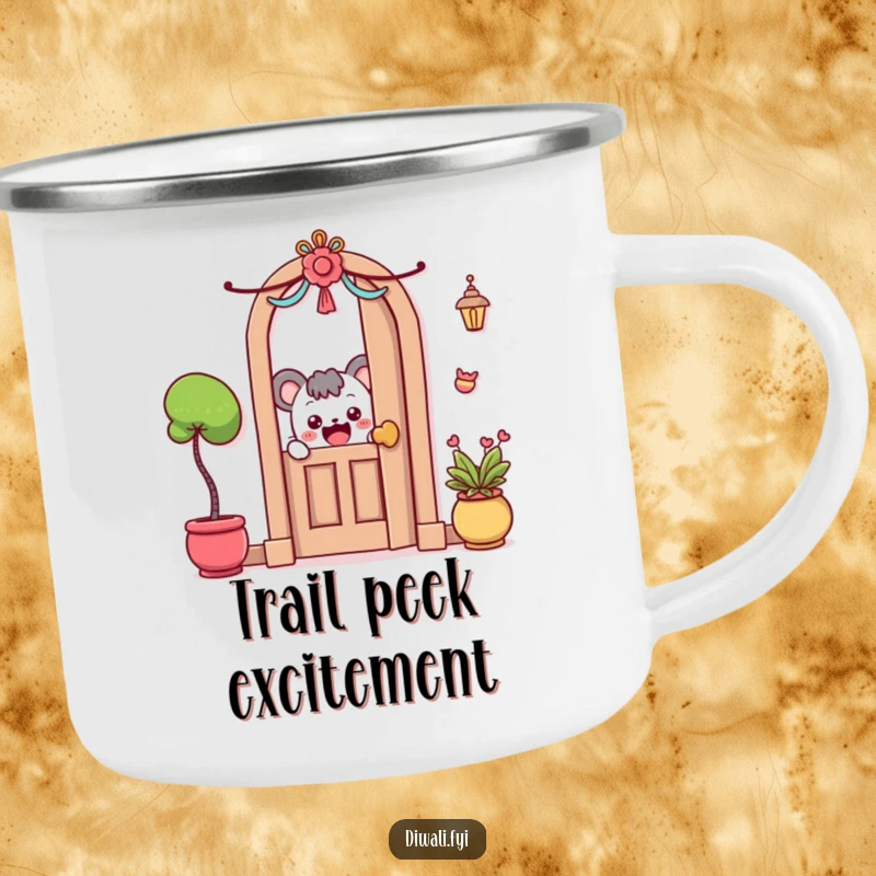 Funny Camping Mug: A curious character peeks excitedly around a decorated door, ideal for outdoor fun.