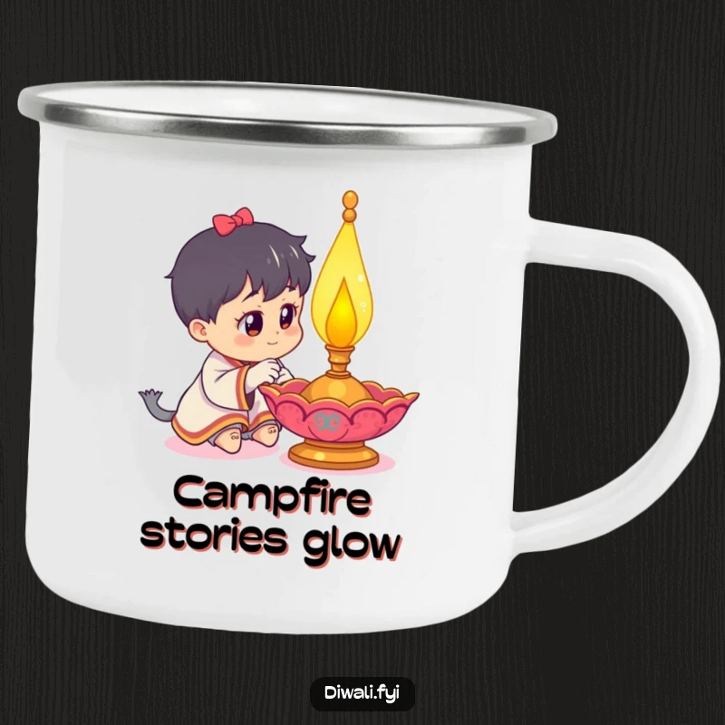 Funny camping mug showcasing a curious character gazing at a lit diya lamp under a starry night, perfect for adventurers.