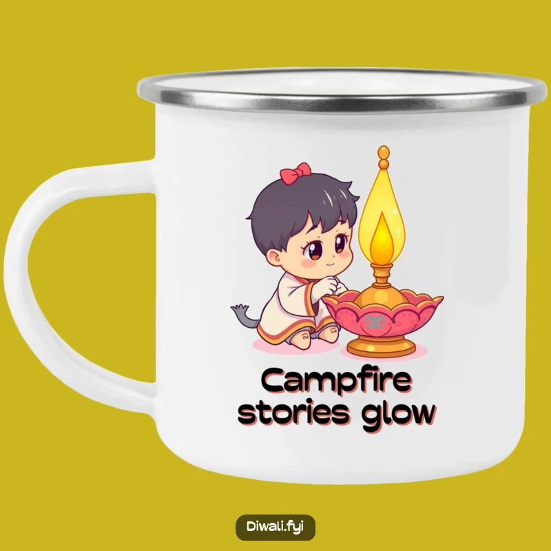 Funny Curious Character Camping Mug: Diya Lamp Adventures in the Wild