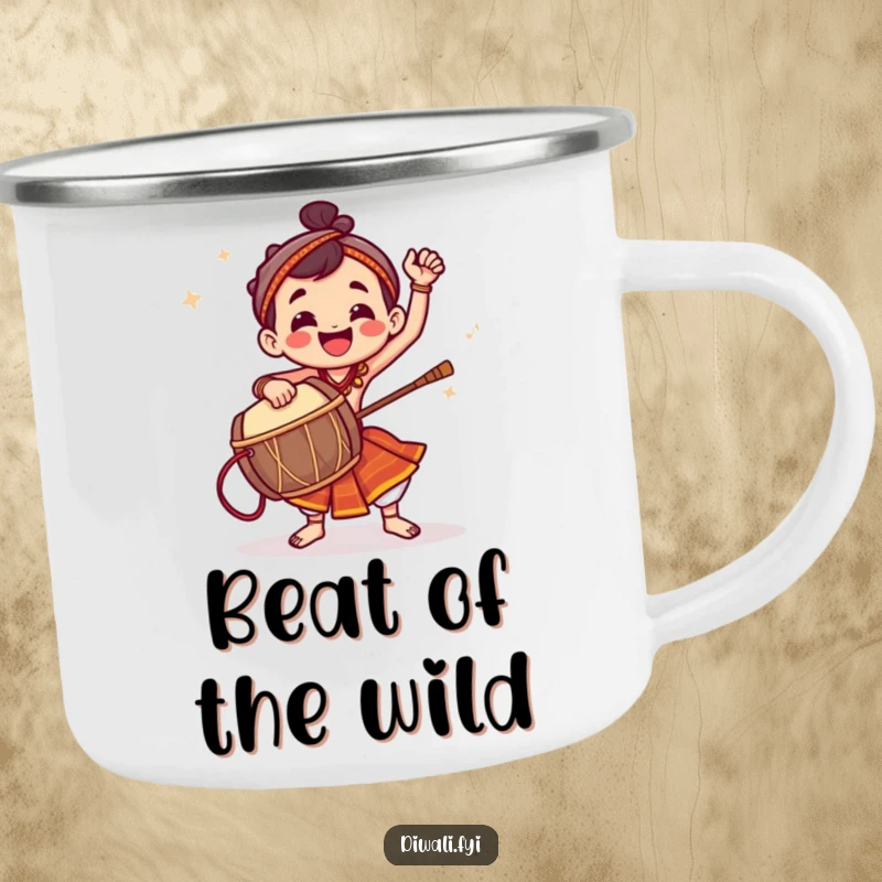 Funny camping mug with a jubilant character energetically playing a dhol drum for outdoor music fun.