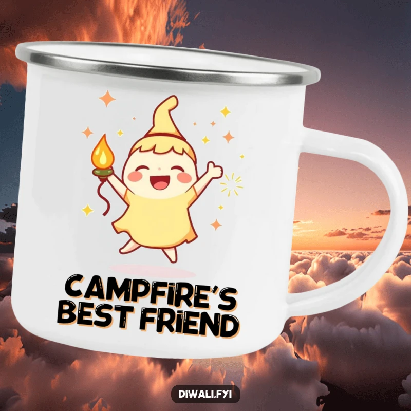 Funny Camping Mug: Joyous character with a lamp and sparks, dancing happily, ideal for outdoor enjoyment.